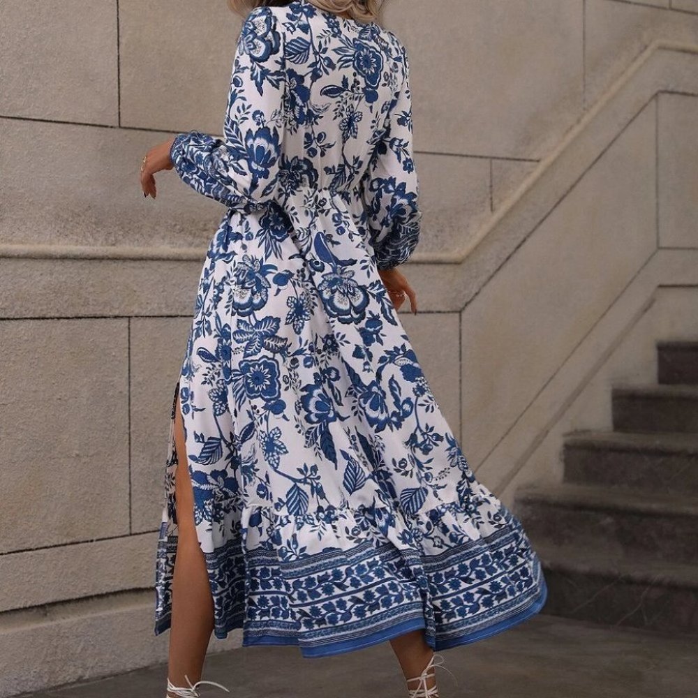 BLUE & WHITE FLORAL PRINT SPLIT THIGH DRESS TRENDING SUMMER BOHO CHIC - Picture 3 of 6